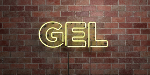 Fototapeta na wymiar GEL - fluorescent Neon tube Sign on brickwork - Front view - 3D rendered royalty free stock picture. Can be used for online banner ads and direct mailers..