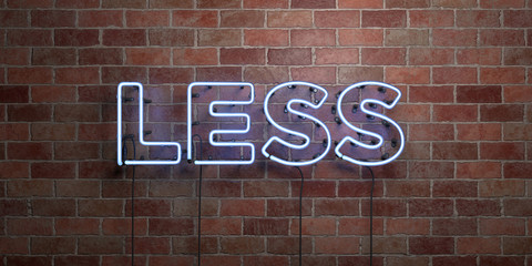 LESS - fluorescent Neon tube Sign on brickwork - Front view - 3D rendered royalty free stock picture. Can be used for online banner ads and direct mailers..
