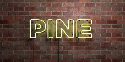 PINE - fluorescent Neon tube Sign on brickwork - Front view - 3D rendered royalty free stock picture. Can be used for online banner ads and direct mailers..