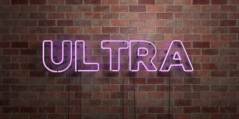ULTRA - fluorescent Neon tube Sign on brickwork - Front view - 3D rendered royalty free stock picture. Can be used for online banner ads and direct mailers..
