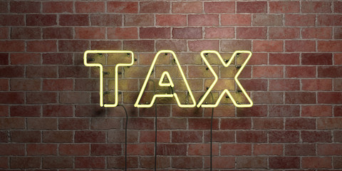 Fototapeta na wymiar TAX - fluorescent Neon tube Sign on brickwork - Front view - 3D rendered royalty free stock picture. Can be used for online banner ads and direct mailers..