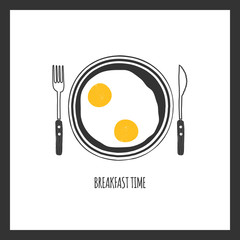 Breakfast plate with scrambled eggs, omelet. Breakfast icon, template for banner, flyer, leaflet, poster, card, menu design. Vector illustration, isolated, on white background. Top view