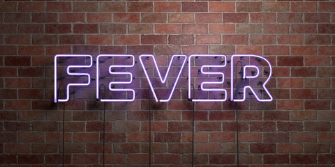 FEVER - fluorescent Neon tube Sign on brickwork - Front view - 3D rendered royalty free stock picture. Can be used for online banner ads and direct mailers..