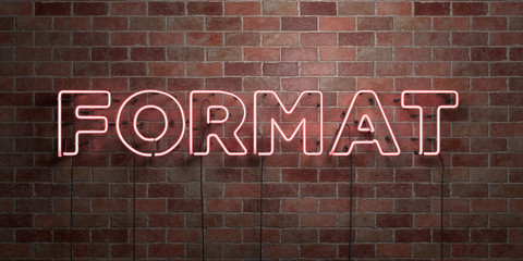 FORMAT - fluorescent Neon tube Sign on brickwork - Front view - 3D rendered royalty free stock picture. Can be used for online banner ads and direct mailers..