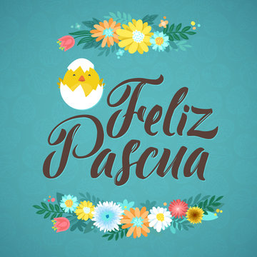 Happy Easter Spanish Calligraphy Greeting Card. Modern Brush Lettering and Floral Wreaths. Joyful wishes, holiday greetings. Blue background.