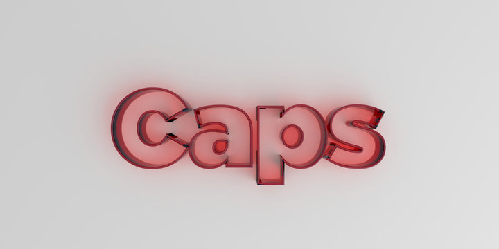 Caps - Red glass text on white background - 3D rendered royalty free stock image.