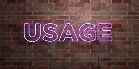 USAGE - fluorescent Neon tube Sign on brickwork - Front view - 3D rendered royalty free stock picture. Can be used for online banner ads and direct mailers..