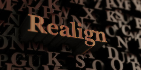 Realign - Wooden 3D rendered letters/message.  Can be used for an online banner ad or a print postcard.