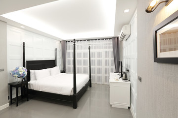 Interior of a luxury double bed hotel bedroom