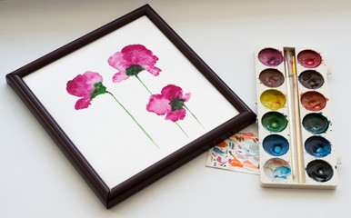 Watercolors, brush and painting of beautiful pink flowers in frame on white background, artistic workplace