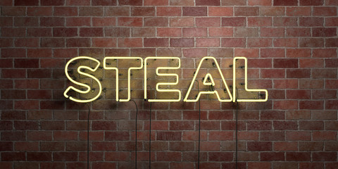 STEAL - fluorescent Neon tube Sign on brickwork - Front view - 3D rendered royalty free stock picture. Can be used for online banner ads and direct mailers..