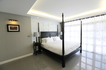 Interior of a luxury double bed hotel bedroom
