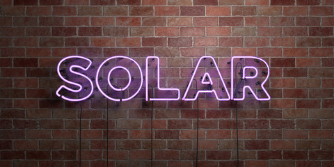 SOLAR - fluorescent Neon tube Sign on brickwork - Front view - 3D rendered royalty free stock picture. Can be used for online banner ads and direct mailers..