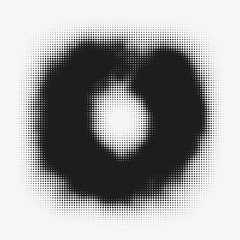 Black halftone circle. Modern vector artistic illustration. Abstract monochrome round shape made of dots. Splattered particles with different size. Element of trendy design.