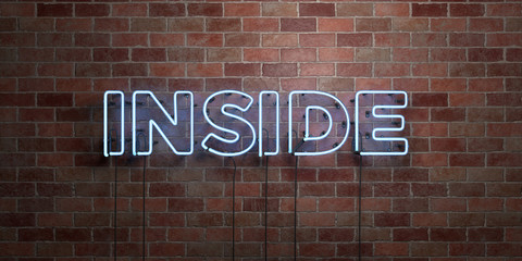 Fototapeta na wymiar INSIDE - fluorescent Neon tube Sign on brickwork - Front view - 3D rendered royalty free stock picture. Can be used for online banner ads and direct mailers..