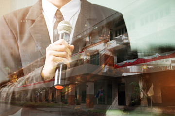 double exposure of professor speech and teaching with microphone keynote at class room, in high...