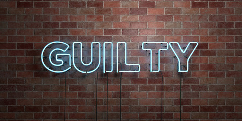 GUILTY - fluorescent Neon tube Sign on brickwork - Front view - 3D rendered royalty free stock picture. Can be used for online banner ads and direct mailers..