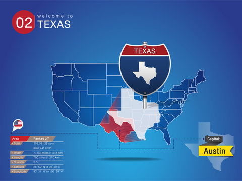 Sign of State American in Road Style on Map USA. TEXAS State with Information Area Ranked & Capital City Name, vector art image illustration