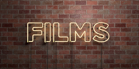 FILMS - fluorescent Neon tube Sign on brickwork - Front view - 3D rendered royalty free stock picture. Can be used for online banner ads and direct mailers..