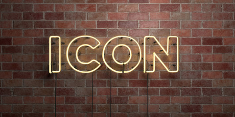ICON - fluorescent Neon tube Sign on brickwork - Front view - 3D rendered royalty free stock picture. Can be used for online banner ads and direct mailers..