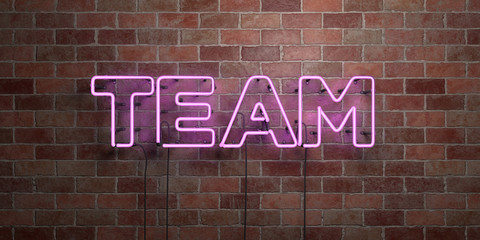 TEAM - fluorescent Neon tube Sign on brickwork - Front view - 3D rendered royalty free stock picture. Can be used for online banner ads and direct mailers..