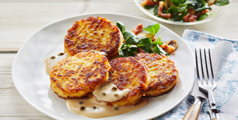 Crisp Potato Pancakes in Cream Sauce with Salad