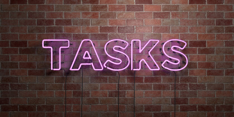 TASKS - fluorescent Neon tube Sign on brickwork - Front view - 3D rendered royalty free stock picture. Can be used for online banner ads and direct mailers..