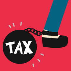 Feet walking with chain and metal weight ball with the word tax vector cartoon illustration on red background