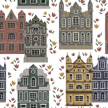 Amsterdam. Seamless pattern with historic buildings and traditional architecture of Netherlands. Old houses with tulip flowers. Vintage hand drawn vector illustration in watercolor style.