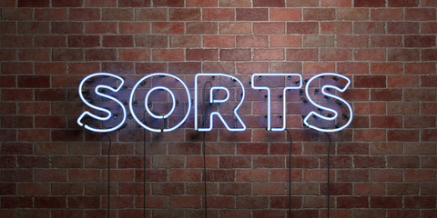 SORTS - fluorescent Neon tube Sign on brickwork - Front view - 3D rendered royalty free stock picture. Can be used for online banner ads and direct mailers..
