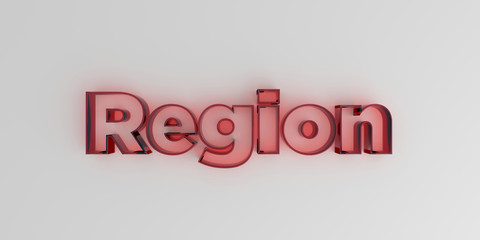 Region - Red glass text on white background - 3D rendered royalty free stock image.