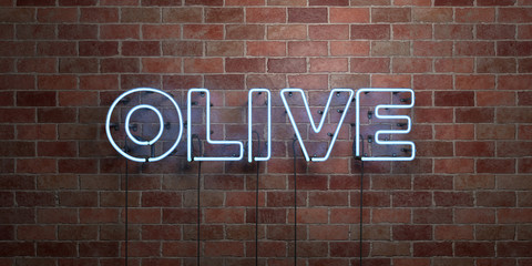 Fototapeta na wymiar OLIVE - fluorescent Neon tube Sign on brickwork - Front view - 3D rendered royalty free stock picture. Can be used for online banner ads and direct mailers..
