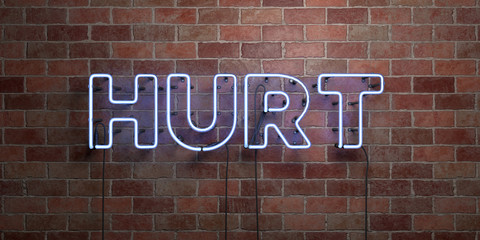 HURT - fluorescent Neon tube Sign on brickwork - Front view - 3D rendered royalty free stock picture. Can be used for online banner ads and direct mailers..