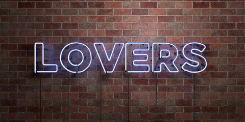LOVERS - fluorescent Neon tube Sign on brickwork - Front view - 3D rendered royalty free stock picture. Can be used for online banner ads and direct mailers..