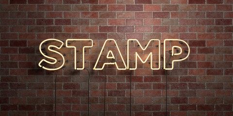 STAMP - fluorescent Neon tube Sign on brickwork - Front view - 3D rendered royalty free stock picture. Can be used for online banner ads and direct mailers..