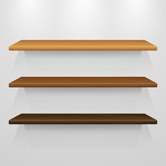 Set of 3d vector wooden shelves template on gray wall, vector illustration