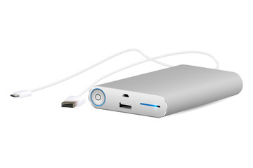 White power bank and usb data cable isolated on white, realistic vector © Ilya Rumyantsev