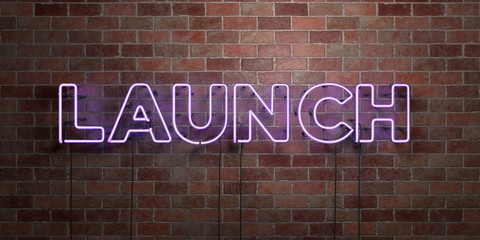 LAUNCH - fluorescent Neon tube Sign on brickwork - Front view - 3D rendered royalty free stock picture. Can be used for online banner ads and direct mailers..