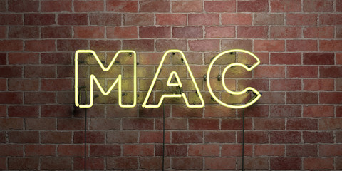 MAC - fluorescent Neon tube Sign on brickwork - Front view - 3D rendered royalty free stock picture. Can be used for online banner ads and direct mailers..