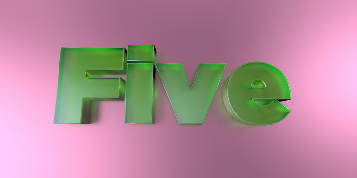 Five - colorful glass text on vibrant background - 3D rendered royalty free stock image.