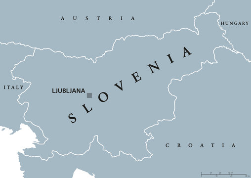 Slovenia political map with capital Ljubljana and neighbor countries. Republic, country and nation state in southern Central Europe. Gray illustration with English labeling on white background. Vector