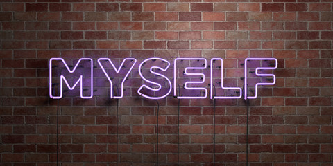MYSELF - fluorescent Neon tube Sign on brickwork - Front view - 3D rendered royalty free stock picture. Can be used for online banner ads and direct mailers..