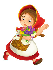 cartoon little girl with lunch basket running illustration for children
