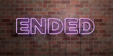 ENDED - fluorescent Neon tube Sign on brickwork - Front view - 3D rendered royalty free stock picture. Can be used for online banner ads and direct mailers..