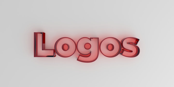 Logos - Red glass text on white background - 3D rendered royalty free stock image.
