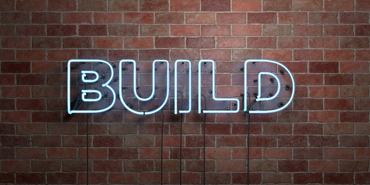 BUILD - fluorescent Neon tube Sign on brickwork - Front view - 3D rendered royalty free stock picture. Can be used for online banner ads and direct mailers..