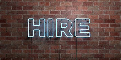 Obraz premium HIRE - fluorescent Neon tube Sign on brickwork - Front view - 3D rendered royalty free stock picture. Can be used for online banner ads and direct mailers..