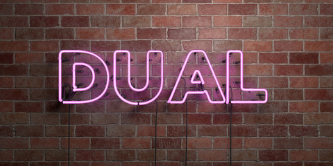 DUAL - fluorescent Neon tube Sign on brickwork - Front view - 3D rendered royalty free stock picture. Can be used for online banner ads and direct mailers..