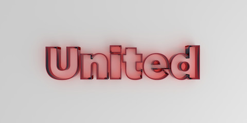United - Red glass text on white background - 3D rendered royalty free stock image.