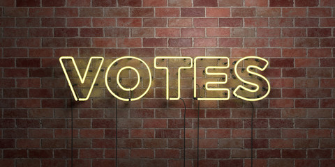 VOTES - fluorescent Neon tube Sign on brickwork - Front view - 3D rendered royalty free stock picture. Can be used for online banner ads and direct mailers..